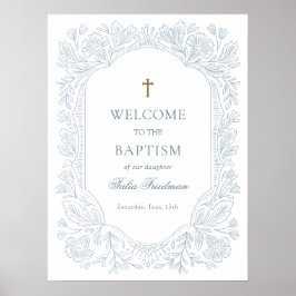 Póster Elegant Blue Floral Baptism Welcome