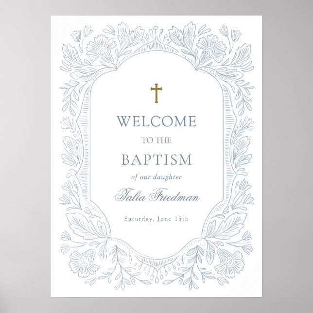 Póster Elegant Blue Floral Baptism Welcome (Frente)