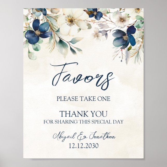 Póster Elegant Blue Floral Winter Wedding Favors Sign (Frente)