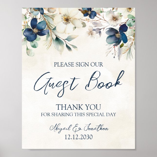 Póster Elegant Blue Floral Winter Wedding Guest Book Sign (Frente)