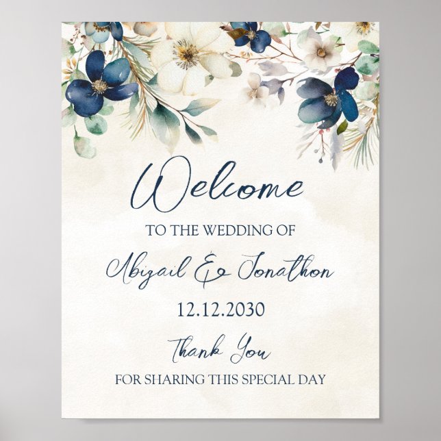Póster Elegant Blue Floral Winter Wedding Welcome (Frente)