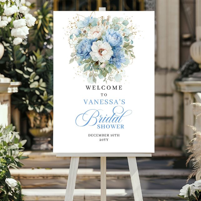 Póster Elegant Blue Peonies Gold Bridal Shower Welcome (Elegant Blue Peonies Gold Bridal Shower Welcome)