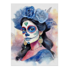 Póster Elegant Blue Roses Watercolor Day of the Dead