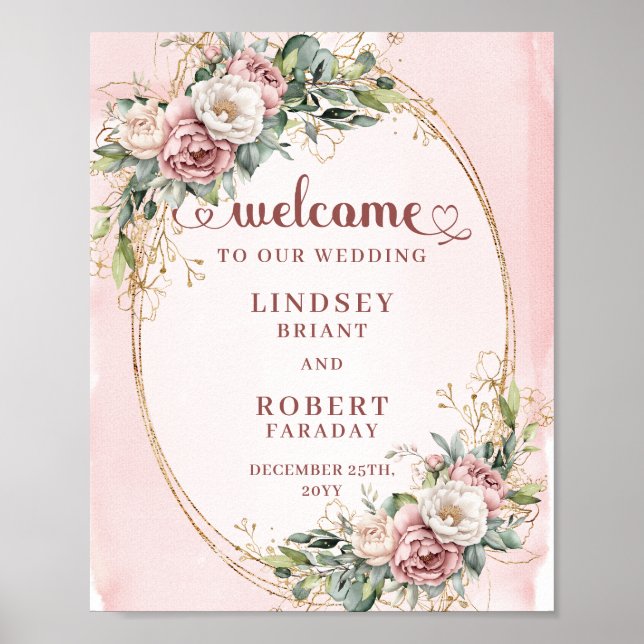 Póster Elegant Blush Pink Floral Eucalyptus Gold Welcome  (Frente)