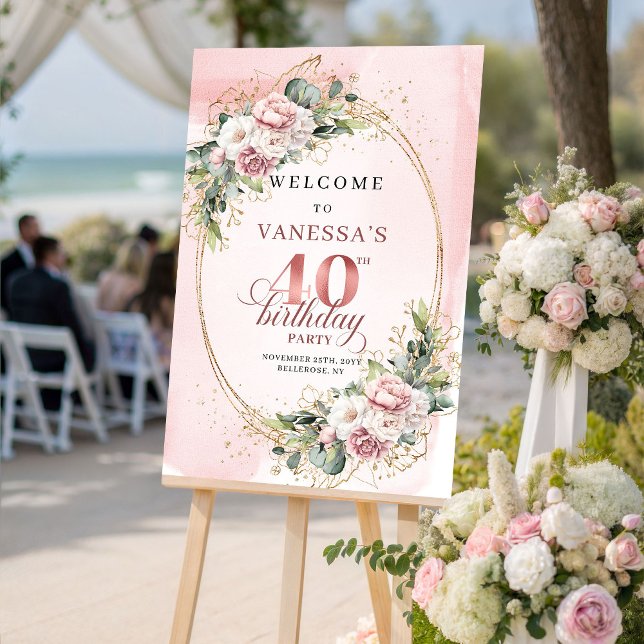 Póster Elegant Boho Dusty Pink Greenery 40th Birthday   (Elegant Boho Dusty Pink Greenery 40th Birthday Welcome)
