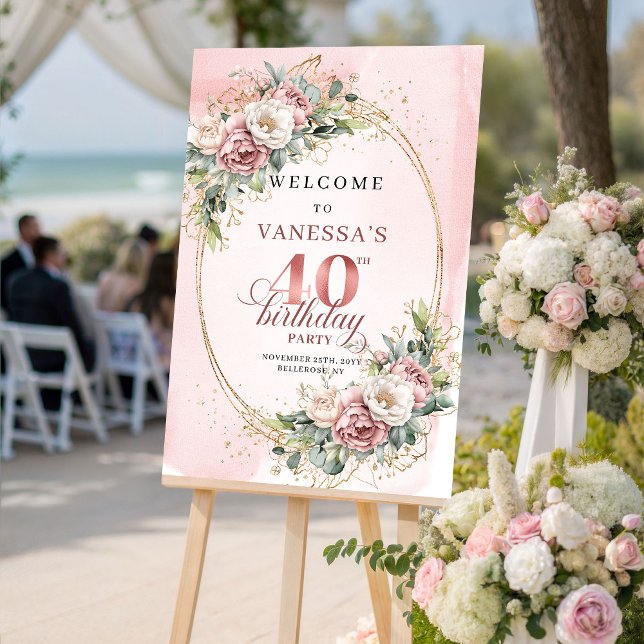 Póster Elegant Boho Rose Gold Greenery 40th Birthday  (Elegant Boho Rose Gold Greenery 40th Birthday Welcome)