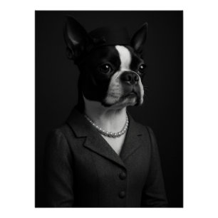 Póster Elegant Boston Terrier Dog with Pearls and Hat