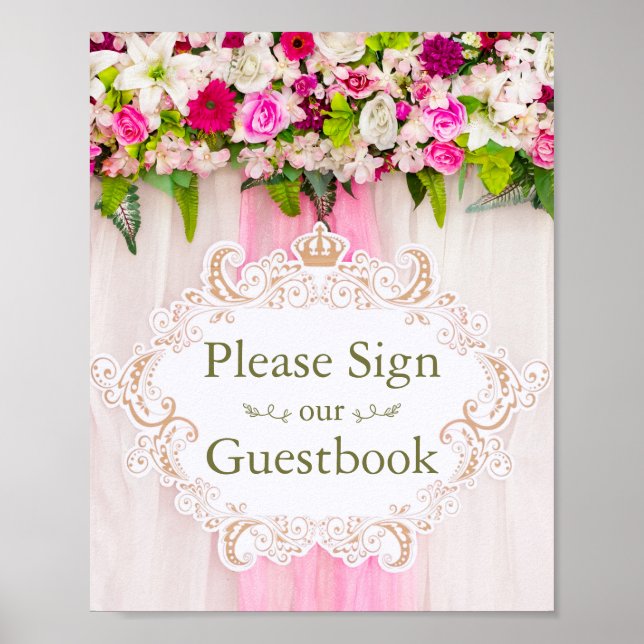 Póster Elegant Bright Pink Floral Wedding guestbook sign (Frente)