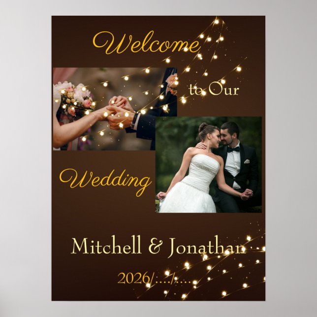 Póster Elegant Brown & Gold String Lights Wedding  (Frente)