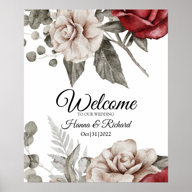 Póster Elegant Burgundy and Beige Wedding Welcome Sign (Frente)