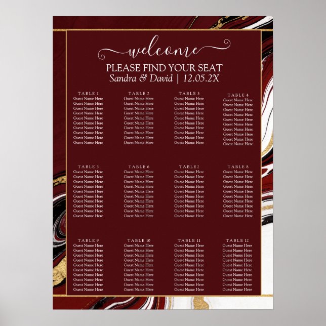 Póster Elegant Burgundy and Gold Marble Wedding (Frente)