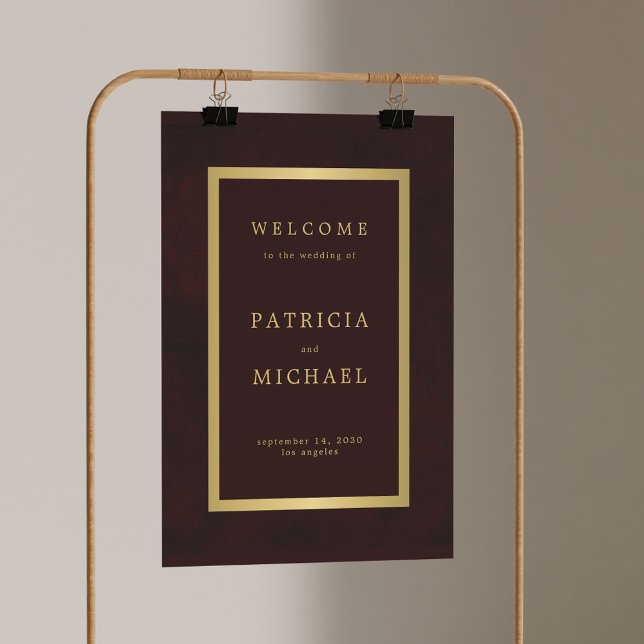 Póster Elegant burgundy and gold wedding welcome sign (Subido por el creador)