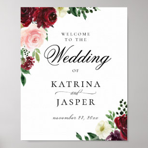 Póster Elegant Burgundy Blush Floral Wedding Welcome