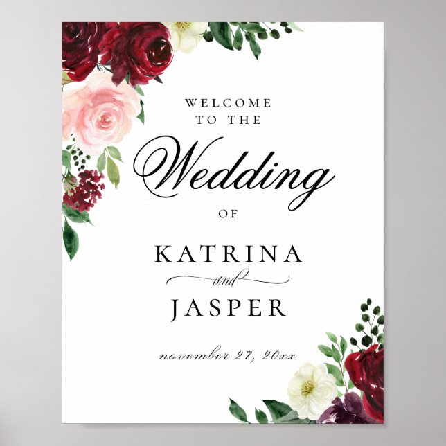 Póster Elegant Burgundy Blush Floral Wedding Welcome (Frente)