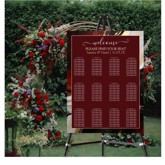 Póster Elegant Burgundy Gold Marble Wedding Seating Chart (Subido por el creador)