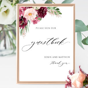 Póster Elegant Burgundy Pink Wedding Guestbook Sign