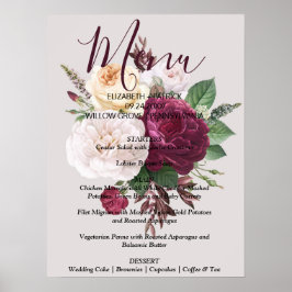 Póster Elegant chic  burgundy floralMenu Sign