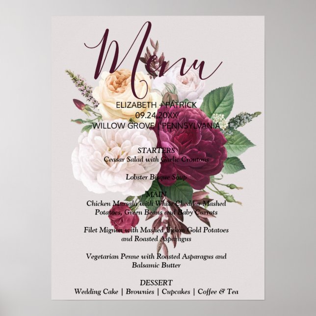 Póster Elegant chic  burgundy floralMenu Sign (Frente)