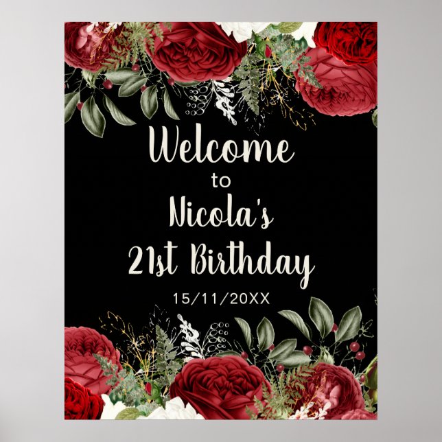Póster Elegant Christmas Red Flowers Birthday Party (Frente)