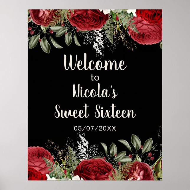 Póster Elegant Christmas Red Flowers Sweet Sixteen (Frente)