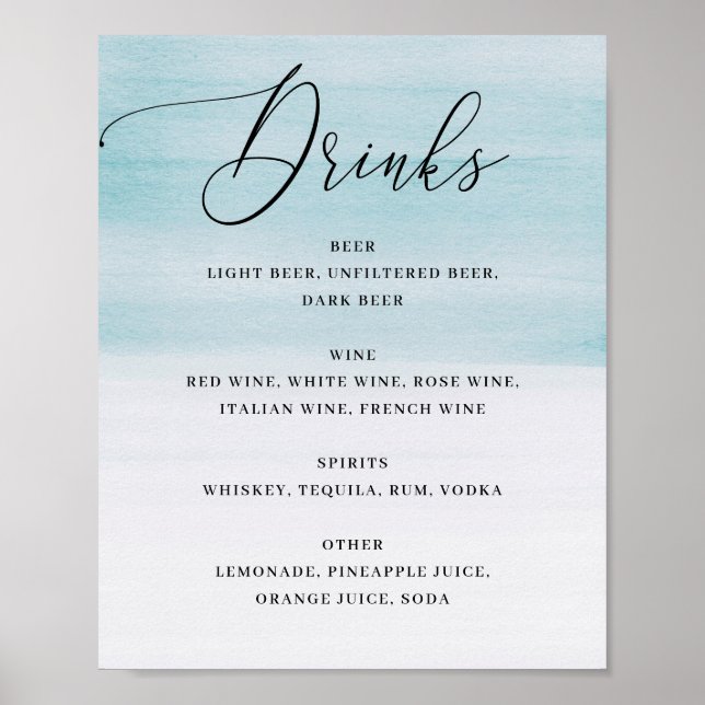 Póster Elegant Coastal Wedding | Blue Watercolor Drinks (Frente)