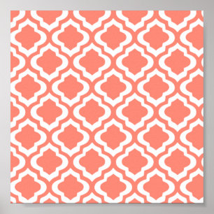 Póster Elegant Coral Moroccan Trellis Quatrefoil Clover