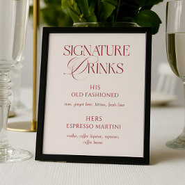 Póster Elegant Cream & Burgundy Wedding Signature Drinks