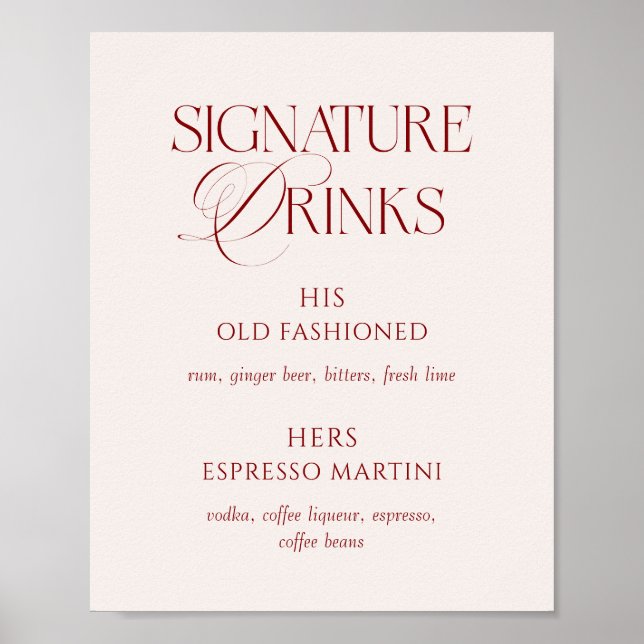 Póster Elegant Cream & Burgundy Wedding Signature Drinks (Frente)