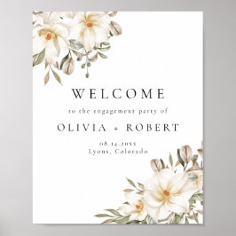 Póster Elegant Cream Ivory Floral Engagement Welcome Sign