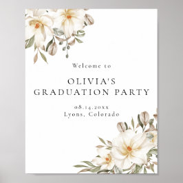 Póster Elegant Creamy White Floral Graduation Welcome