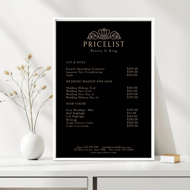 Póster Elegant Crown Logo Black Beige Salon Price List (Elegant Crown Logo Black Beige Salon Price List Poster)