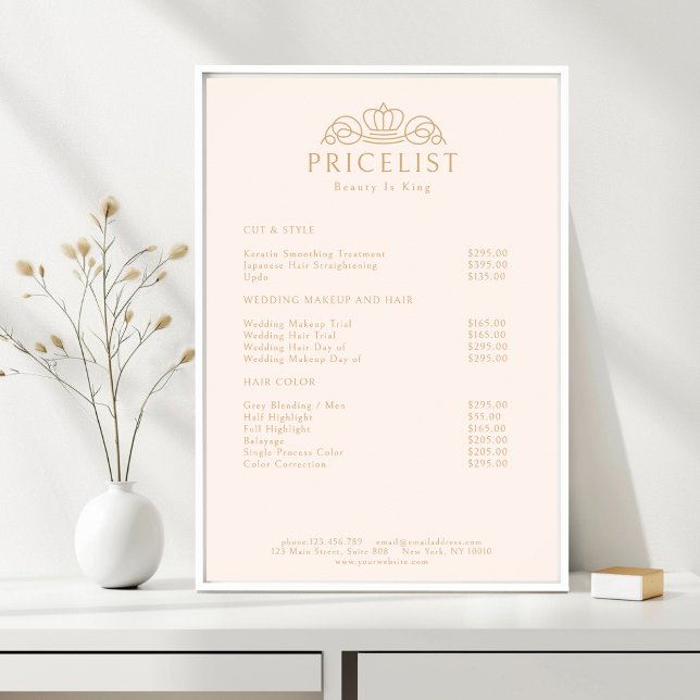 Póster Elegant Crown Logo Blush Beige Salon Price List (Elegant Crown Logo Blush Beige Salon Price List Poster)