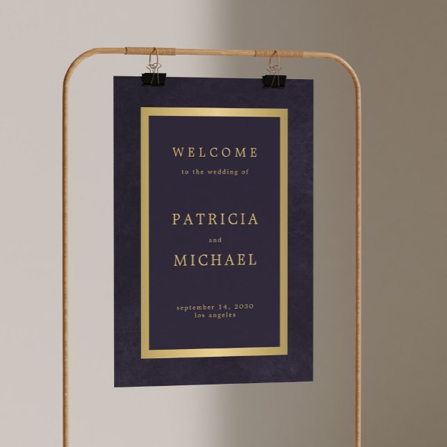 Póster Elegant dark purple and gold wedding welcome sign (The support is not included)