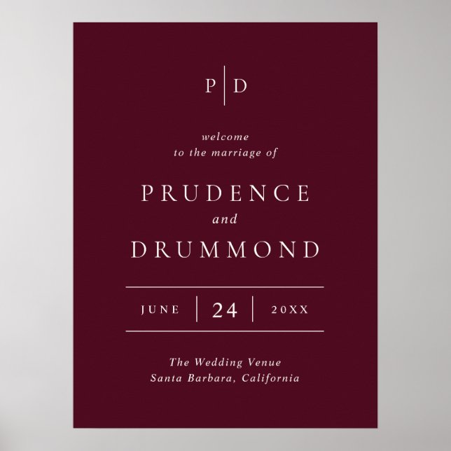 Póster Elegant Deep Burgundy Classic Wedding Welcome Sign (Frente)