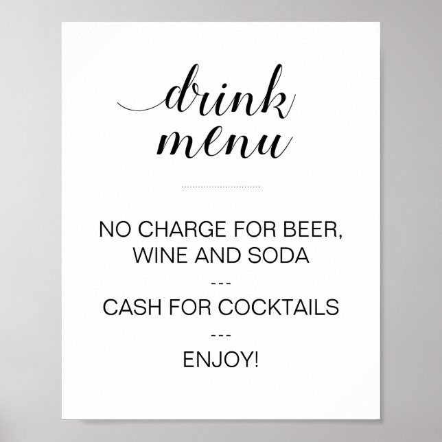 Póster Elegant Drink Menu Wedding Sign Custom Poster (Frente)