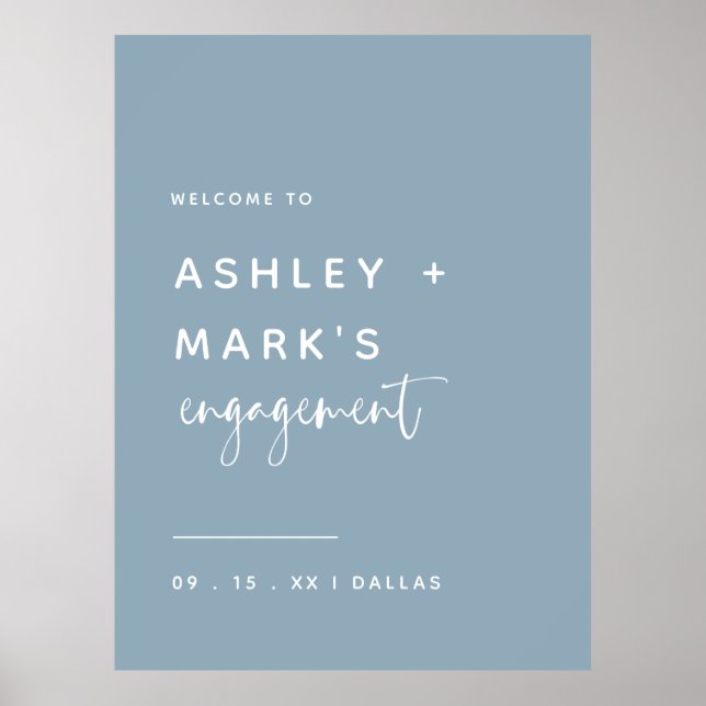 Póster Elegant Dusty Blue Calligraphy Engagement Welcome (Frente)