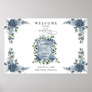 Póster Elegant Dusty Blue Floral Wedding Crest