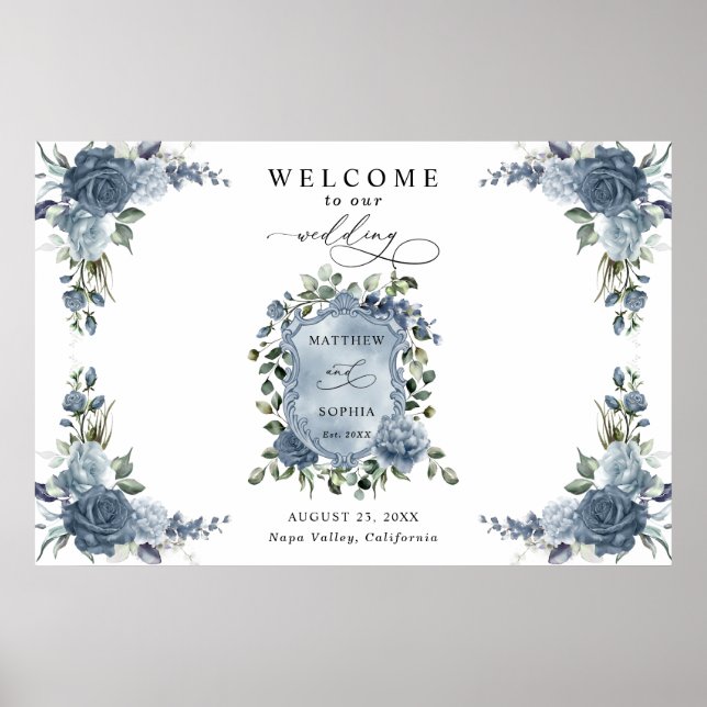 Póster Elegant Dusty Blue Floral Wedding Crest (Frente)