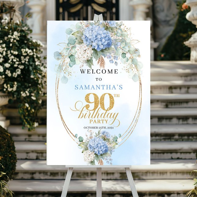 Póster Elegant dusty blue hydrangeas gold welcome sign 90 (Elegant dusty blue hydrangeas gold welcome sign 90th birthday

)