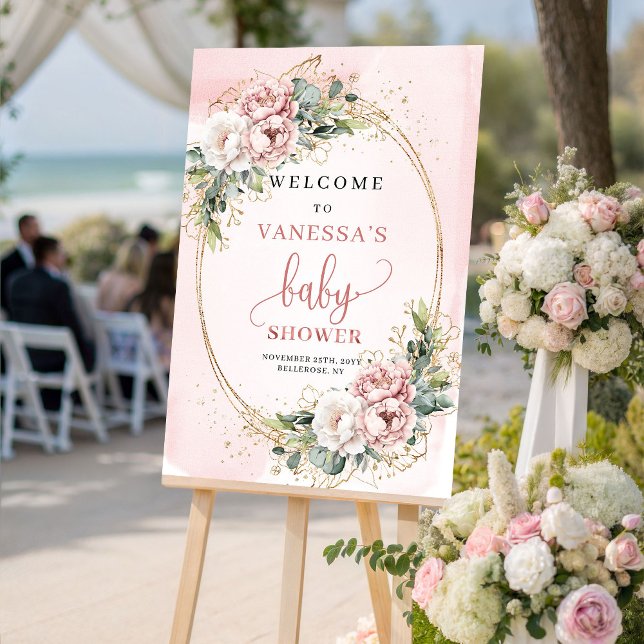 Póster Elegant Dusty Pink Floral Baby Shower Welcome Sign (Elegant Dusty Pink Floral Baby Shower Welcome Sign)