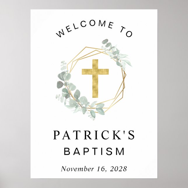 Póster Elegant Eucalyptus Cross Baptism Welcome (Frente)