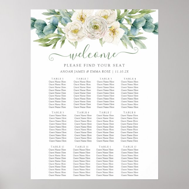 Póster Elegant Eucalyptus Greenery Wedding Seating Chart (Frente)