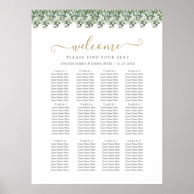 Póster Elegant Eucalyptus Greenery Wedding Seating Chart (Frente)