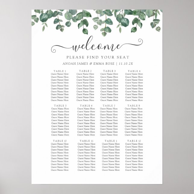 Póster Elegant Eucalyptus Greenery Wedding Seating Chart (Frente)