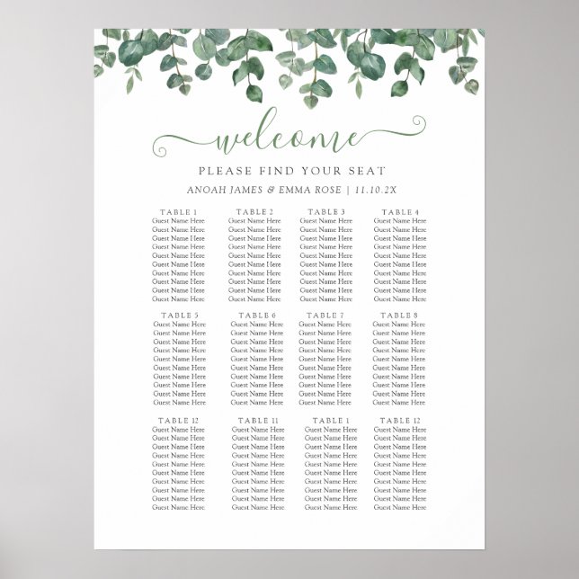 Póster Elegant Eucalyptus Greenery Wedding Seating Chart (Frente)