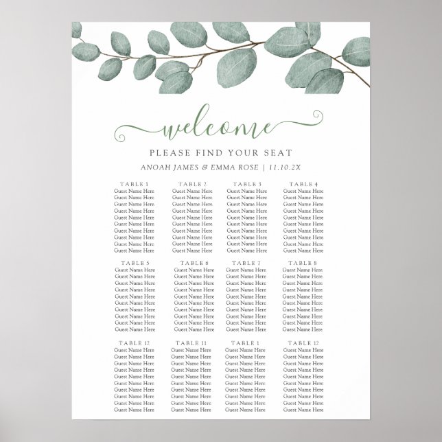 Póster Elegant Eucalyptus Greenery Wedding Seating Chart (Frente)
