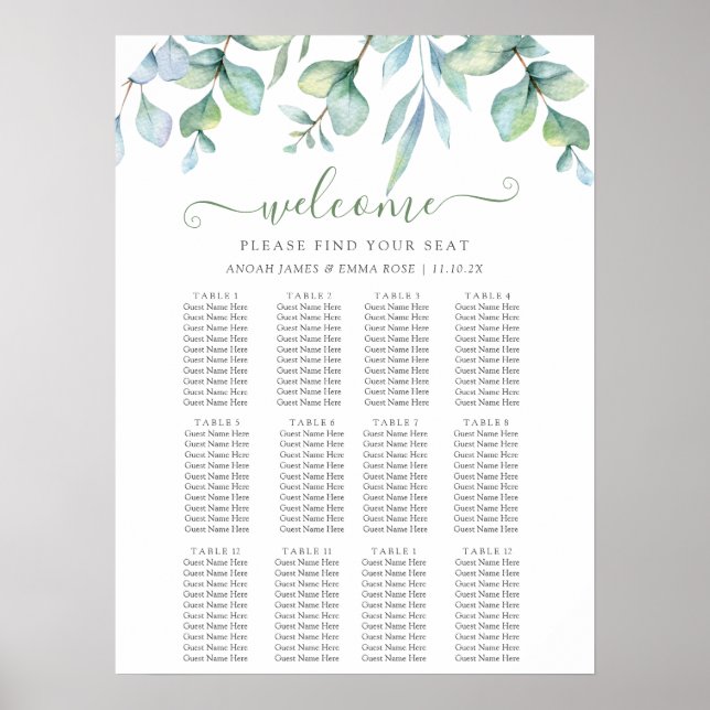 Póster Elegant Eucalyptus Greenery Wedding Seating Chart (Frente)