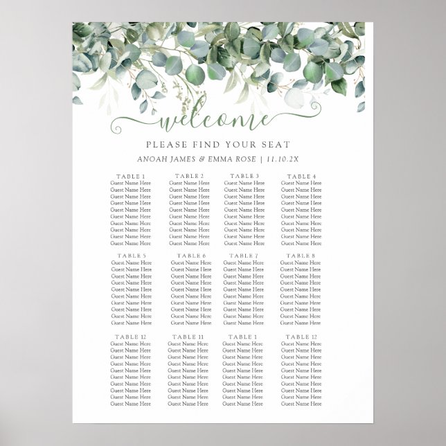 Póster Elegant Eucalyptus Greenery Wedding Seating Chart (Frente)