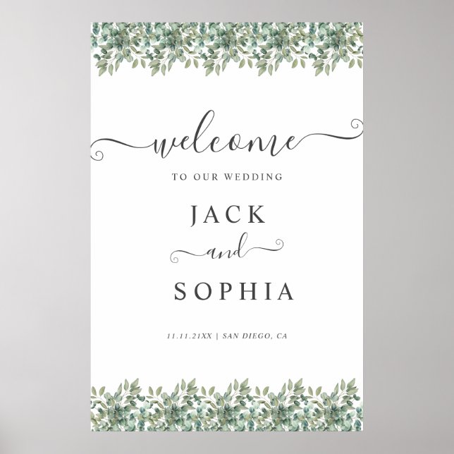 Póster Elegant Eucalyptus Greenery Wedding Welcome Sign (Frente)