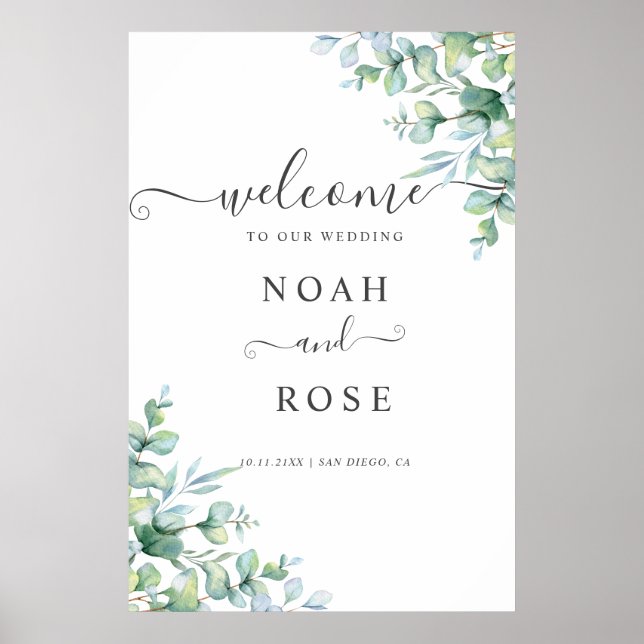 Póster Elegant  Eucalyptus Greenery Wedding Welcome Sign (Frente)